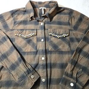 BKE Womens SZ M Brown/Black Plaid Long Sleeve Shirt Rhinestones Pockets Western